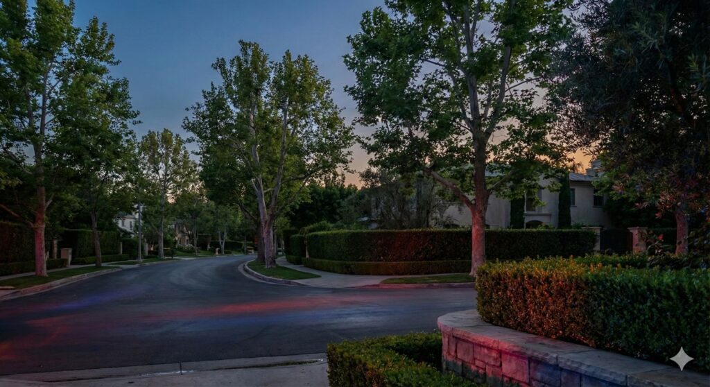 Nick Reiner arrested case coverage with subtle police light reflections on a quiet Brentwood, Los Angeles street