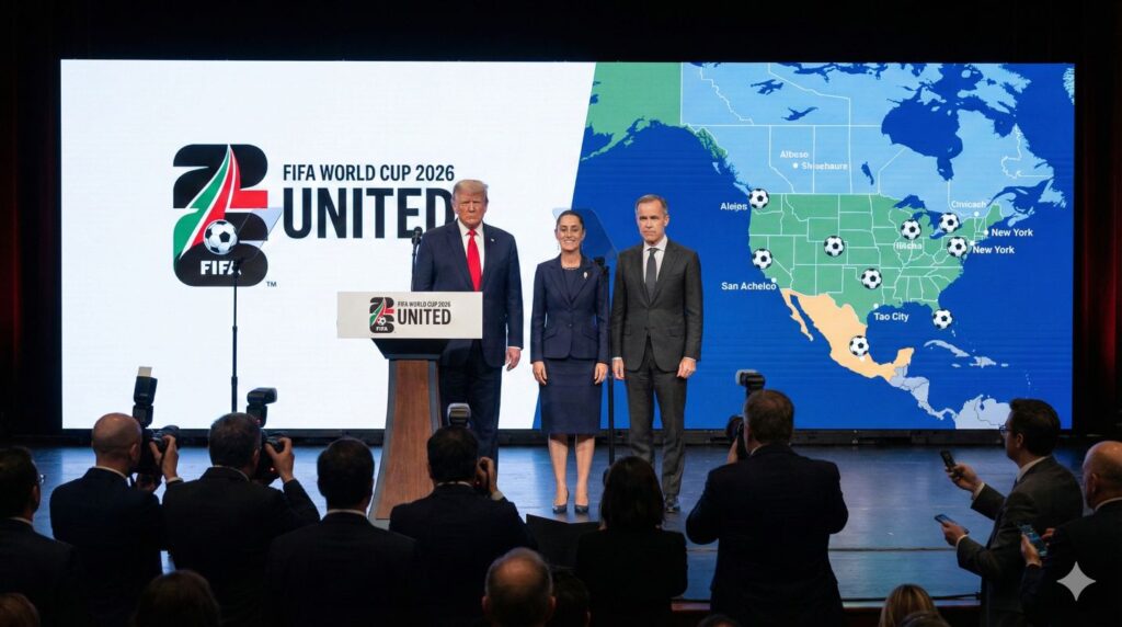 North American leaders Donald Trump, Claudia Sheinbaum, and Mark Carney standing together on stage at the 2026 World Cup draw in Washington, D.C.
