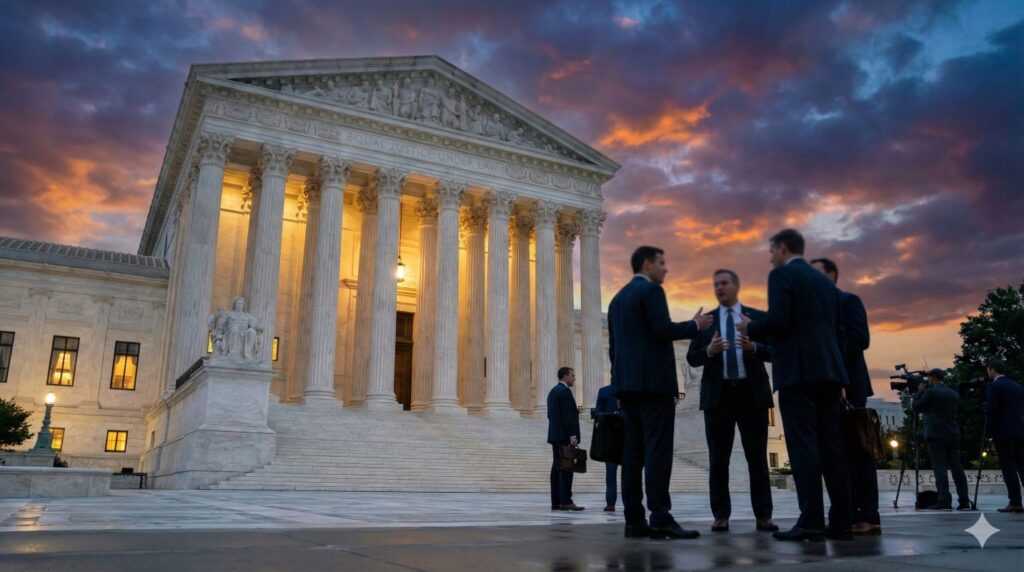 Supreme Court building at dusk symbolizing debates over Presidential Power and independent regulatory agencies.