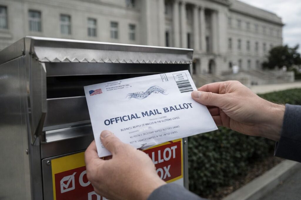 Supreme Court mail-in ballot ruling concept image of a voter submitting a mail ballot at an official drop box