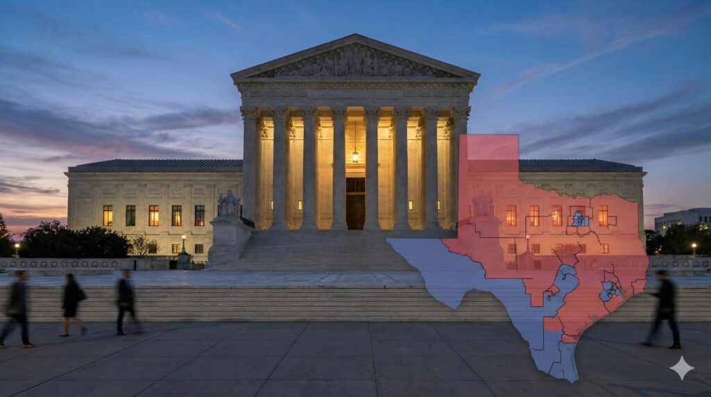 Supreme Court's shift on partisan gerrymandering illustrated by the U.S. Supreme Court building with a stylized Texas congressional map in the foreground.
