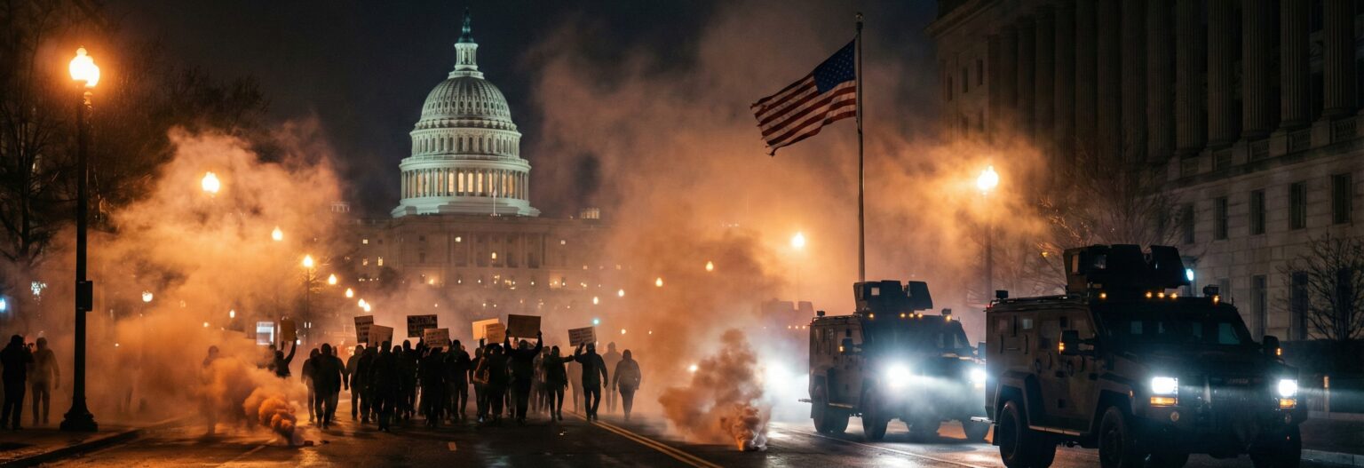 Hero banner for The Unmaking of America political thriller showing protesters facing armored vehicles on a smoky avenue leading to a Capitol-style dome