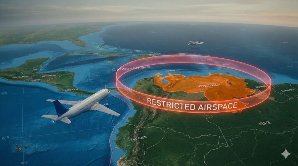 Trump airspace closure warning shown as military aircraft and commercial jet near Venezuelan airspace over the Caribbean.