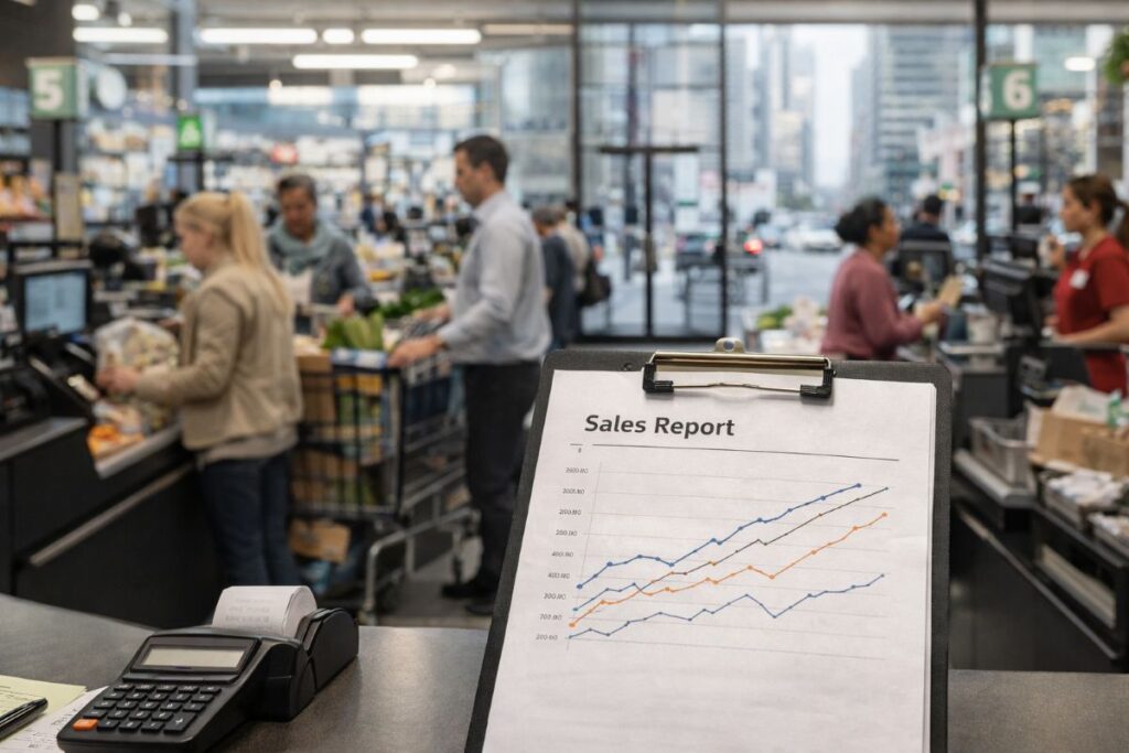 US economy growth illustrated by consumer spending in a retail checkout scene with a generic sales report and a blurred financial district background.
