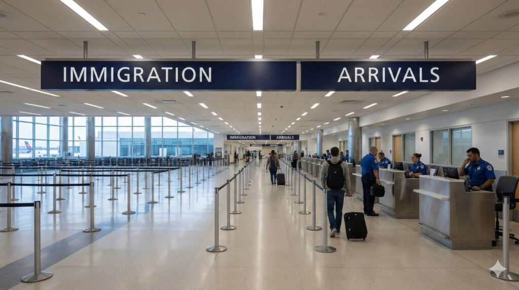 US immigration applications travel ban airport checkpoint line