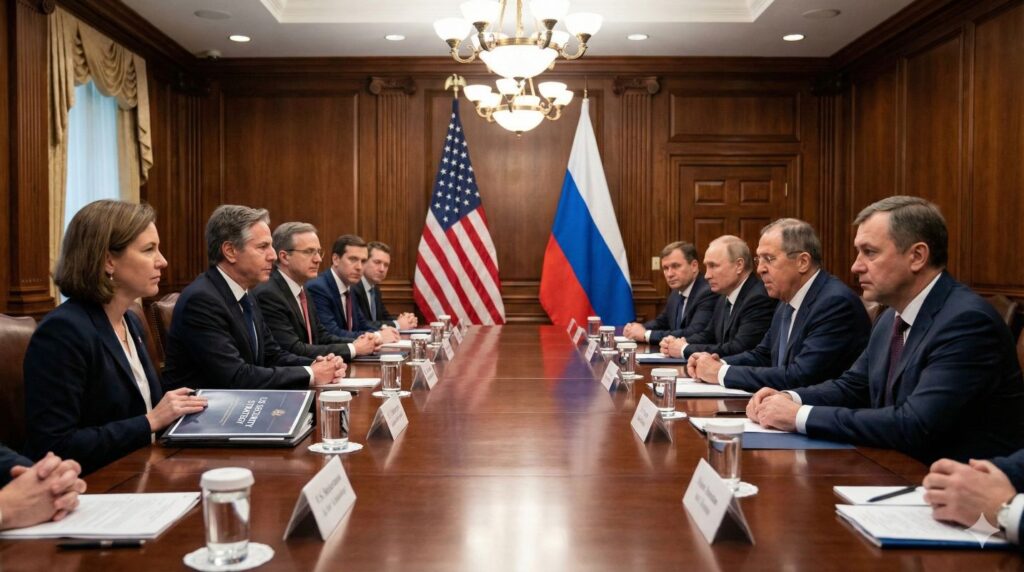 Leaders discussing the US security strategy during a high-level US-Russia meeting.