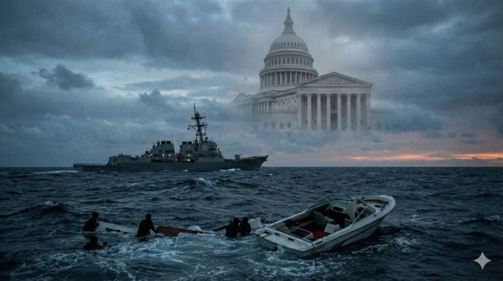 Venezuela boat strikes illustration with U.S. warship, shattered boat, and distant Capitol symbolizing presidential impunity