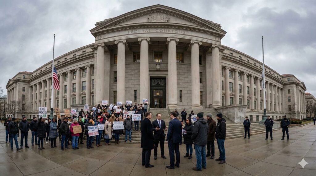 warrantless immigration arrests ruling protest outside DC courthouse