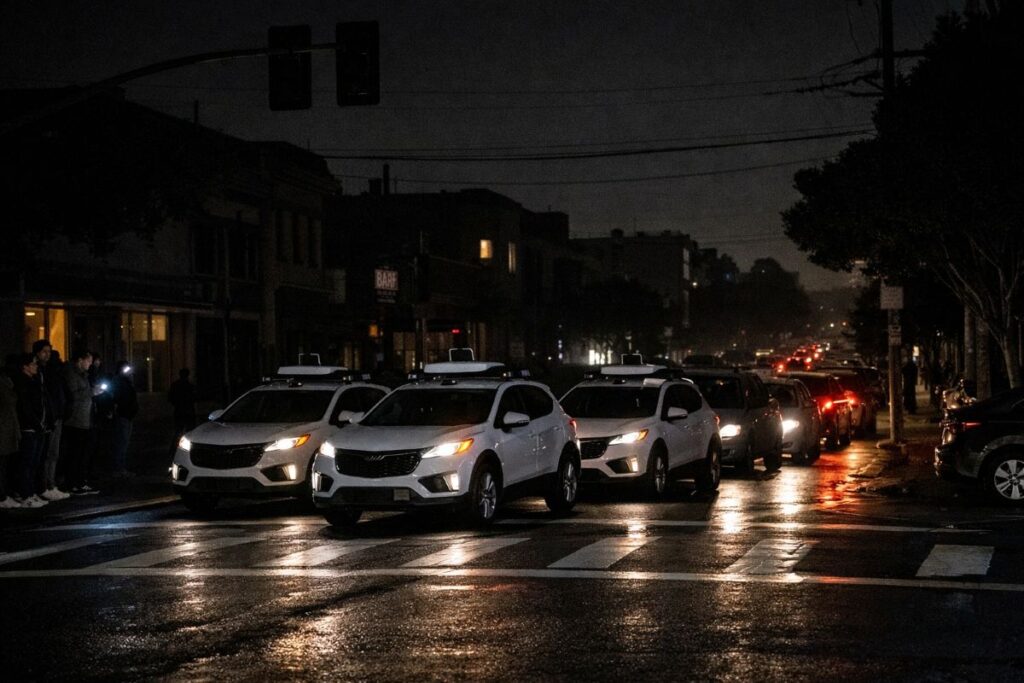 Waymo vehicles stopped at an intersection during the San Francisco blackout