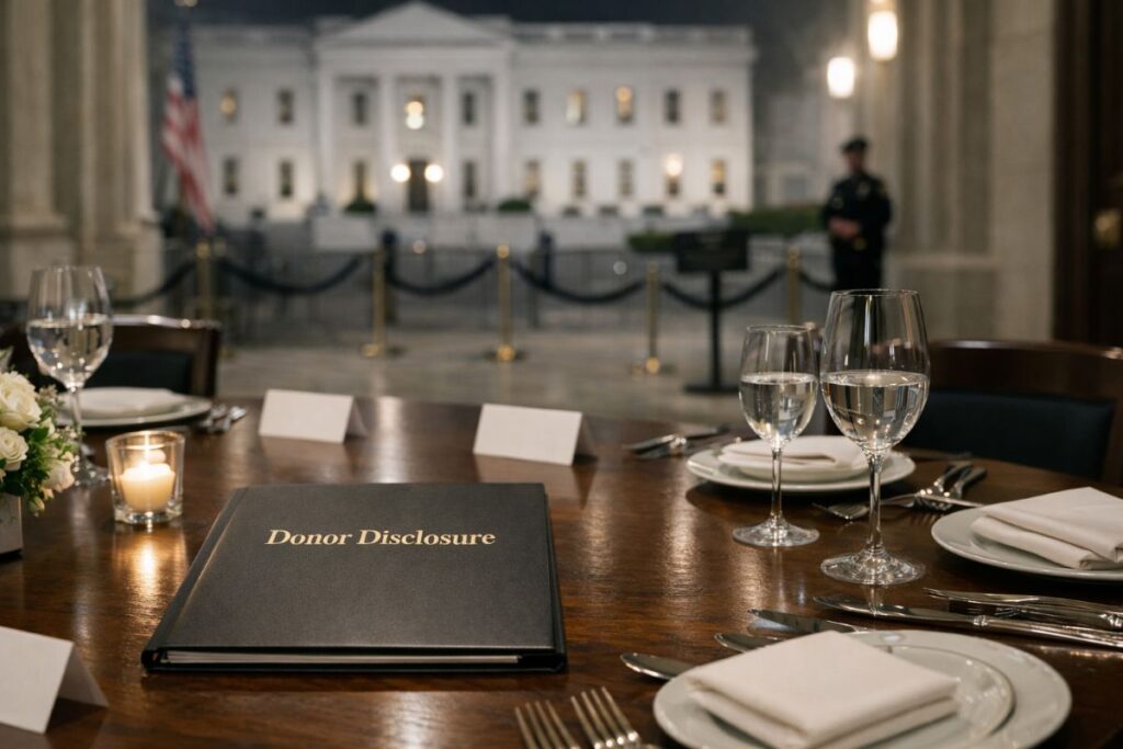 White House donor dinner concept image showing a formal dinner setting and donor disclosure folder